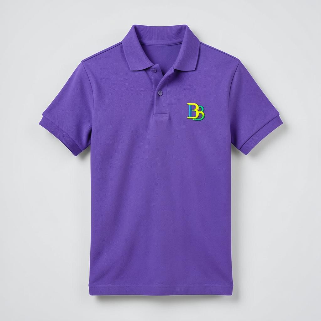 Camisa polo roxa com bordado colorido BB no peito — uniforme personalizado em Recife
